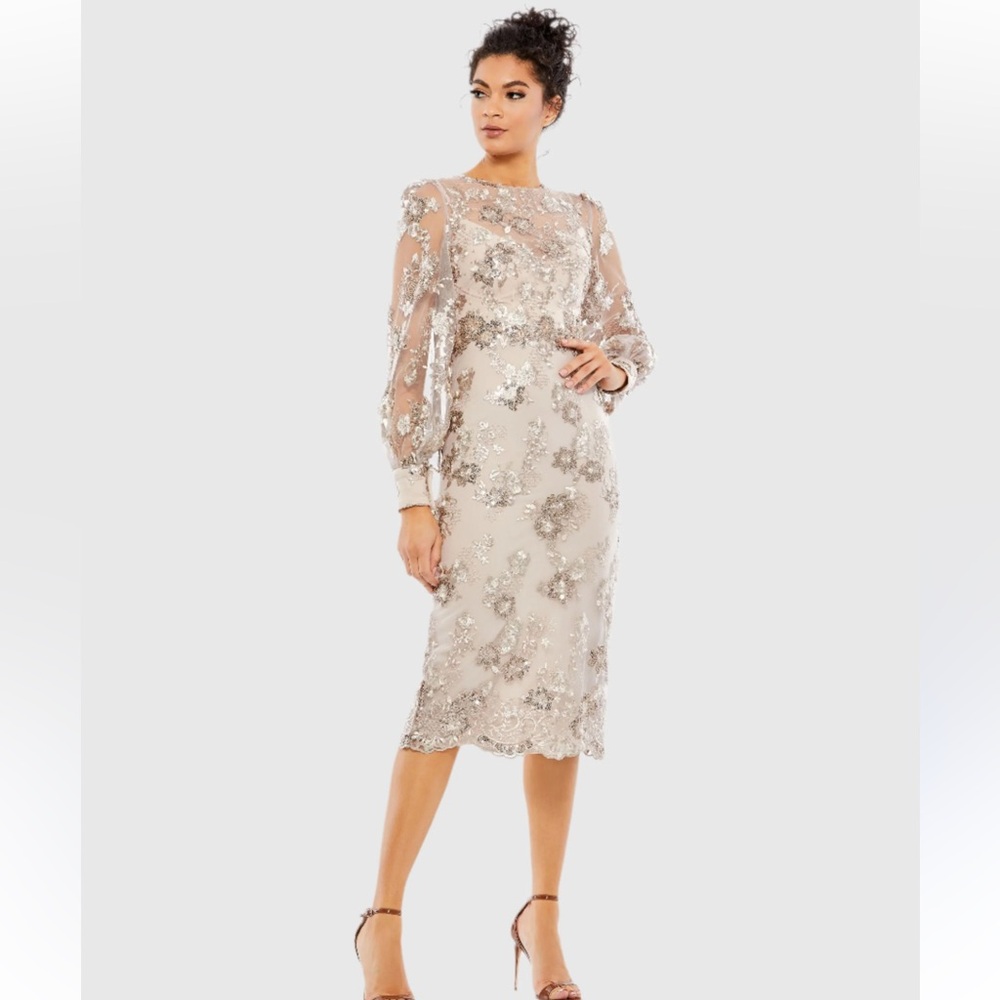 Mac Duggal Champagne Beaded Long Sleeve Cocktail Dress